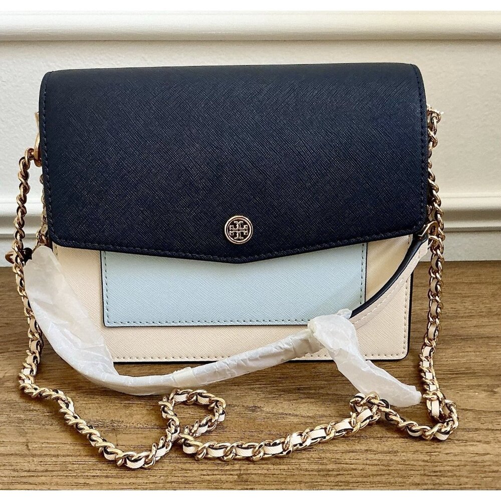 Tory Burch Robinson Convertible Shoulder Bag Navy Beige Brown Gold Logo NWT